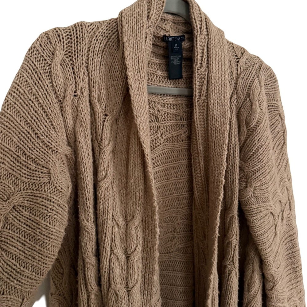 LAFAYETTE 148 Cable Knit Drape Cardigan‎ Chunky Warm Sweater Taupe Medium - Picture 3 of 4